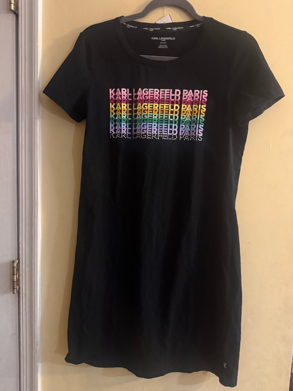 Karl Lagerfeld Black Tee Dress with Multicolor Logo Print, women’s small